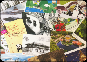 Postcards from Asia in a pile