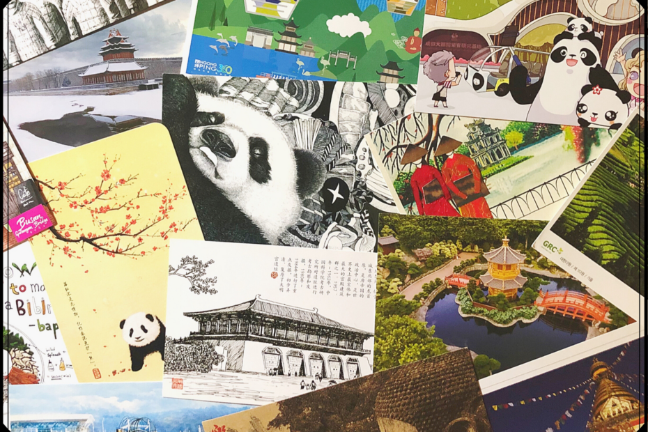 Postcards from Asia in a pile