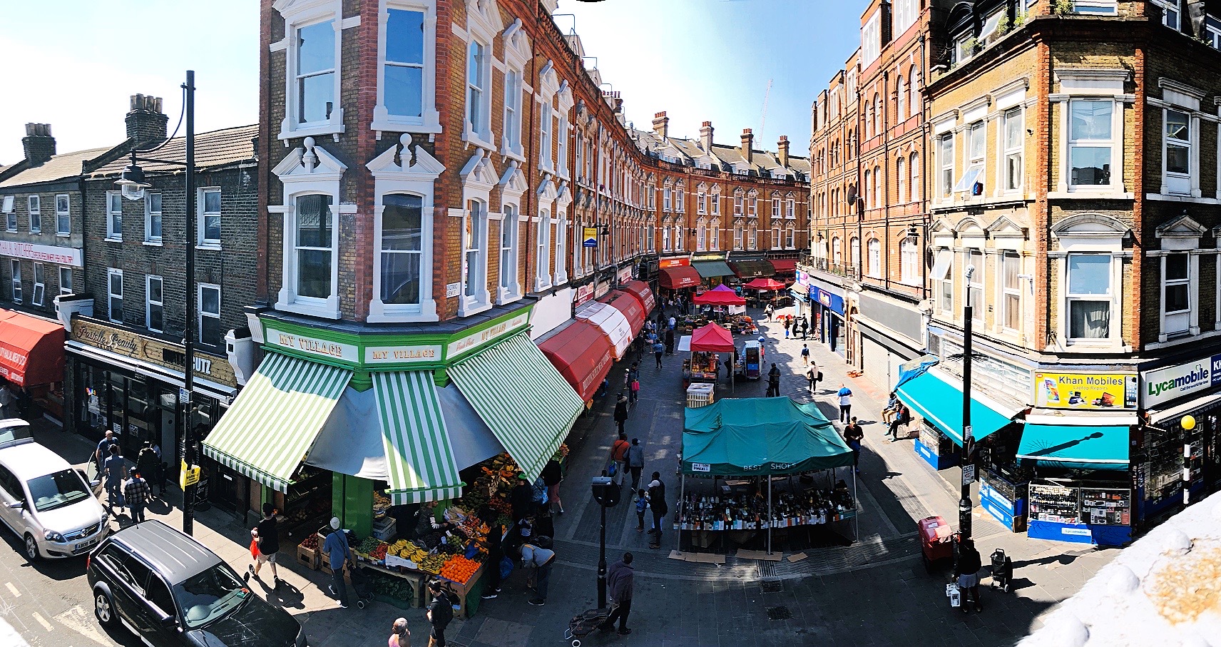 View of Electric Avenue in Brixton from the subway platform above
