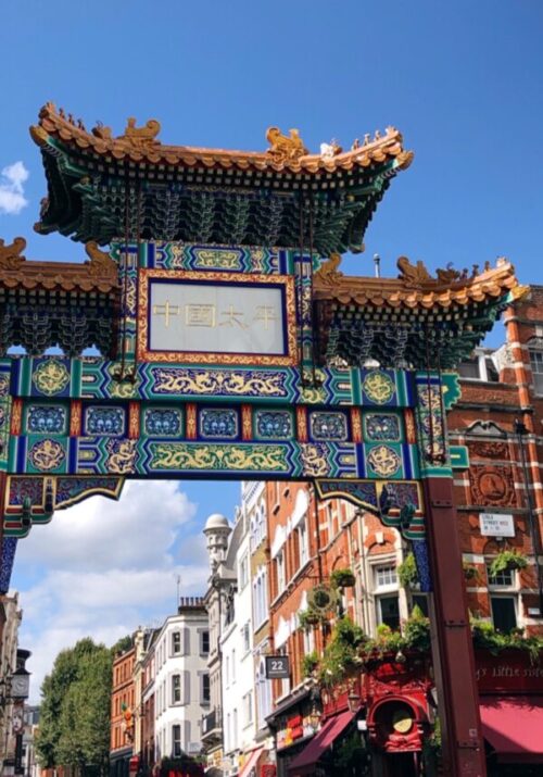 London's Chinatown Gate Against a Blue Sky