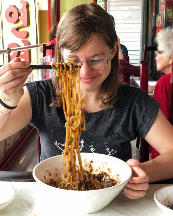 Eating jjajangmyeon noodles in Incheon