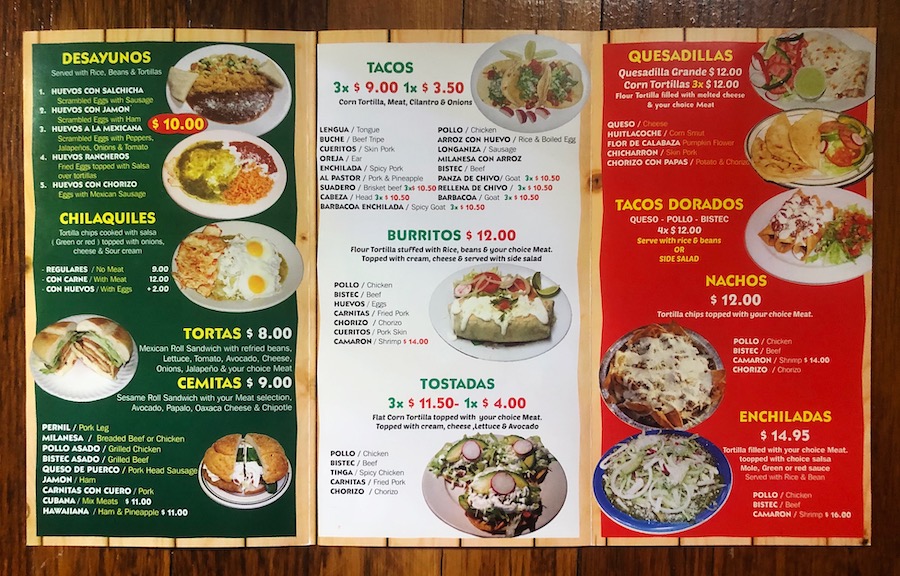 Menu for Crus-Z Family Corp. listing varieties of tacos and Mexican Food in Jackson Heights Queens