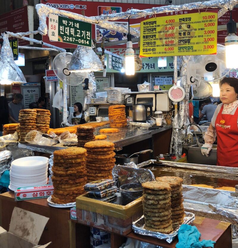 Mung bean pancake vendor at Gwangjang Market in Seoul, South Korea
