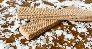 Coco Max Colombian Snack Bar on table surrounded by shredded coconut