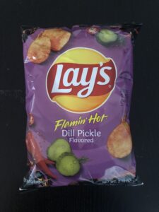 A bag of Flamin' Hot Dill Pickle Lays Potato Chips