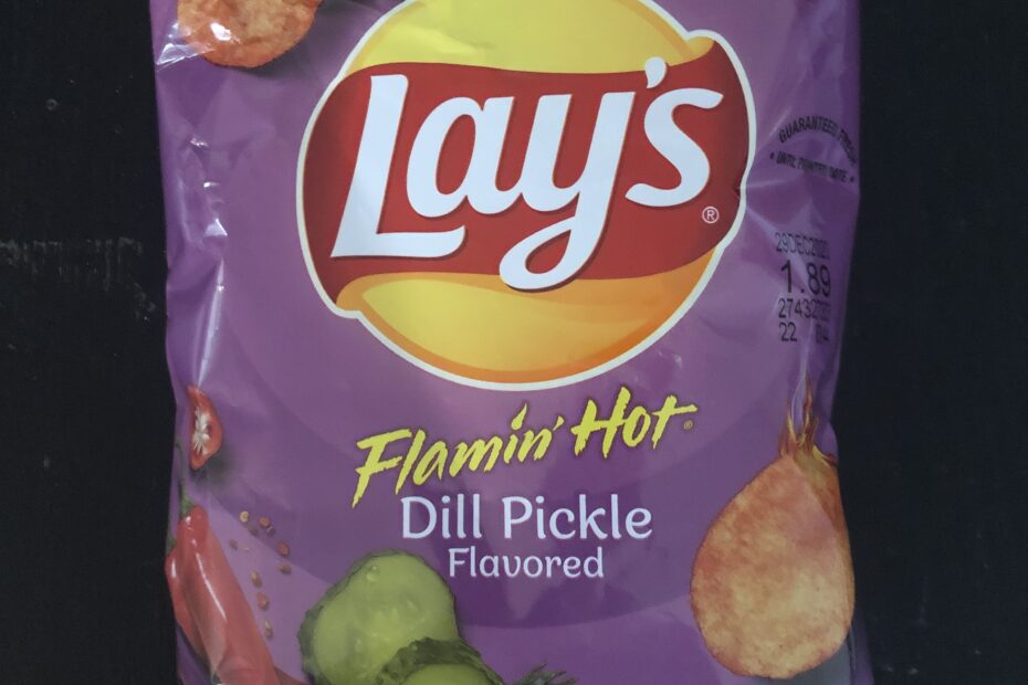 A bag of Flamin' Hot Dill Pickle Lays Potato Chips