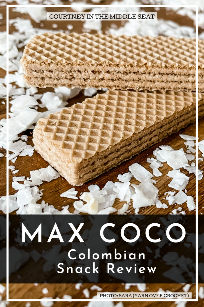 MaxCoco Colombian Snack Review Pin with a picture of MaxCoco Wafer Cookies