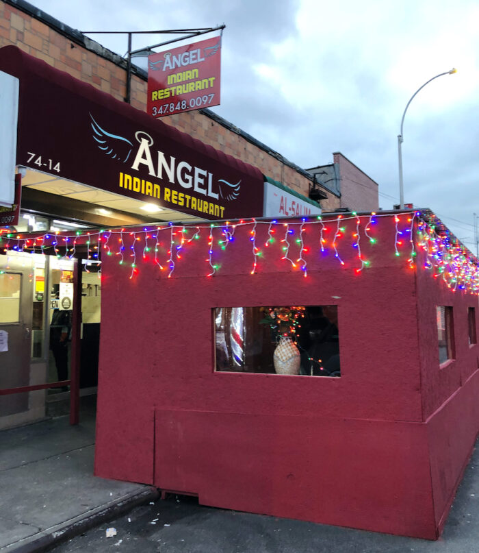 Front of Angel Indian Restaurant in Jackson Heights with Outdoor Dining Structure for COVID