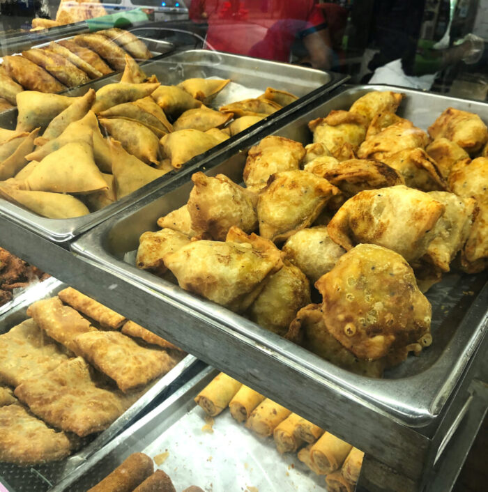 Fried samosas for sale at Merit Kabob