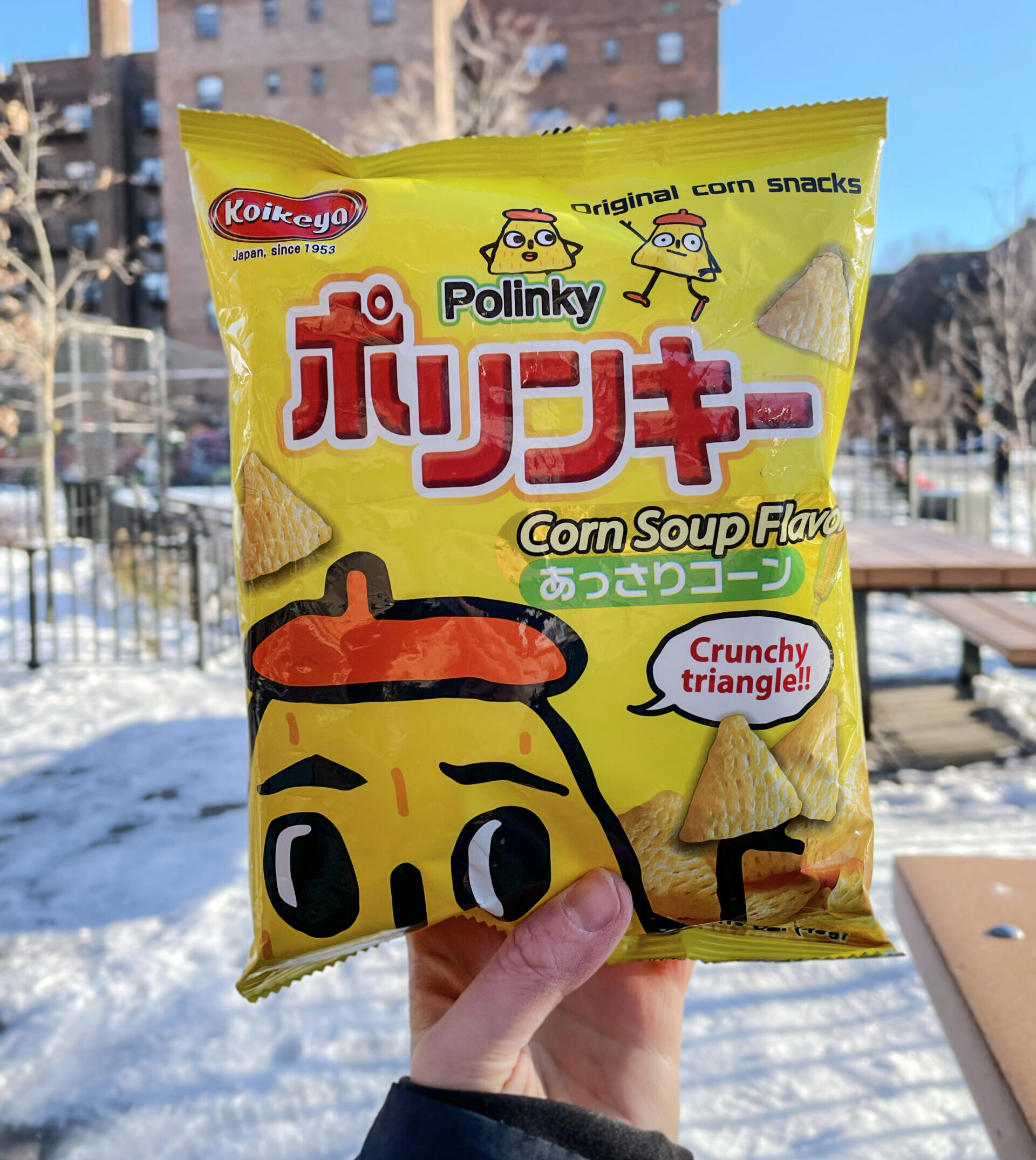Polinky Japanese Snack Review - a bag of Corn Soup Flavor Polinky being held outside