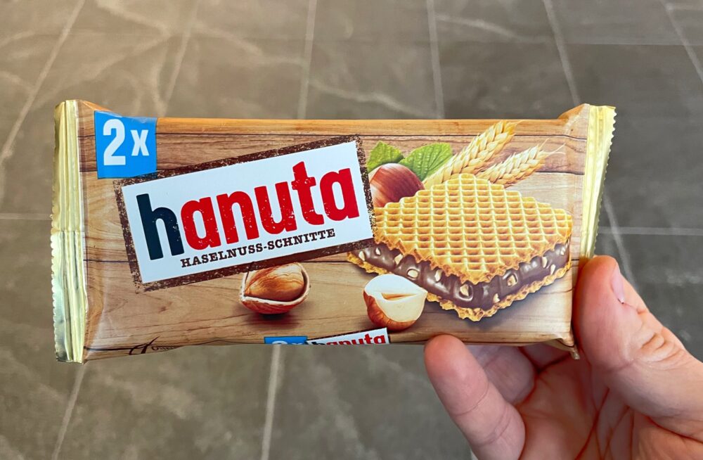 Hanuta Chocolate Hazelnut Bar from Germany in the Package Being held
