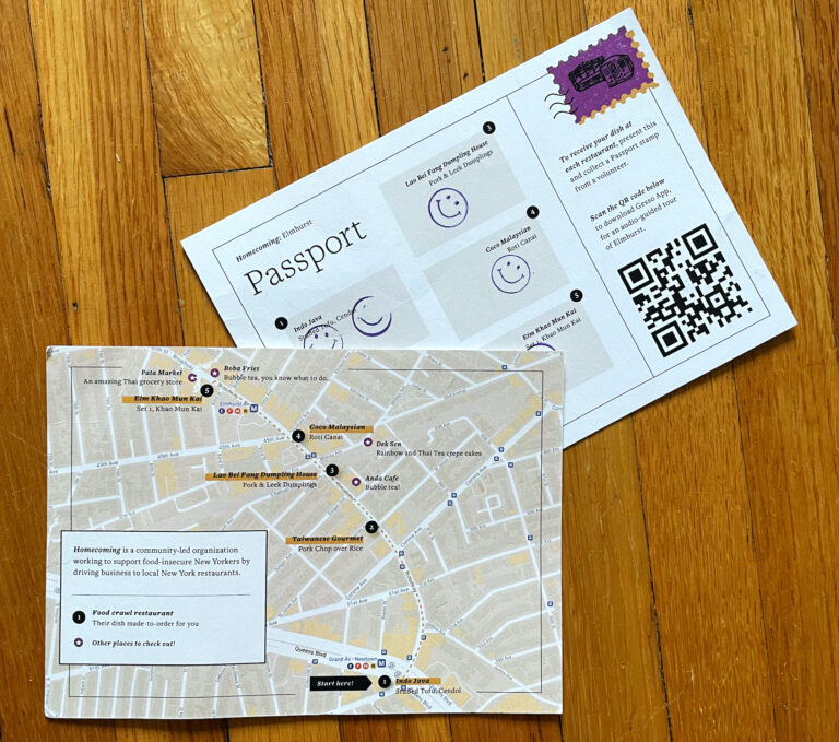 Homecoming Food Crawl Restaurant Passport showing the front with a map of the Elmhurst Food Stop and the back with stamps