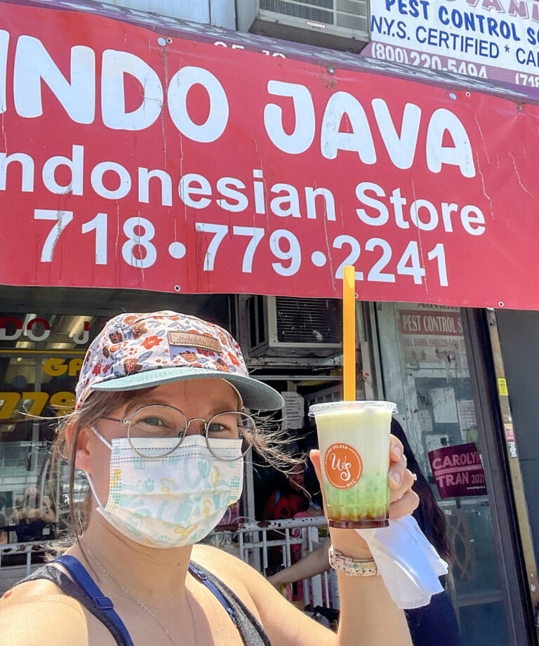 Indo Java Indonesia Store Awning with Courtney standing in front holding a cup of cendol