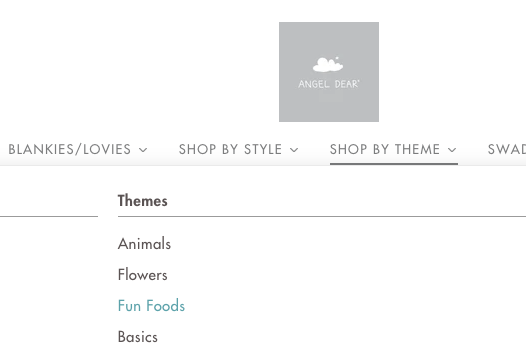 Screenshot of Angel Dear's website showing their "Fun Foods" themed baby clothing selection