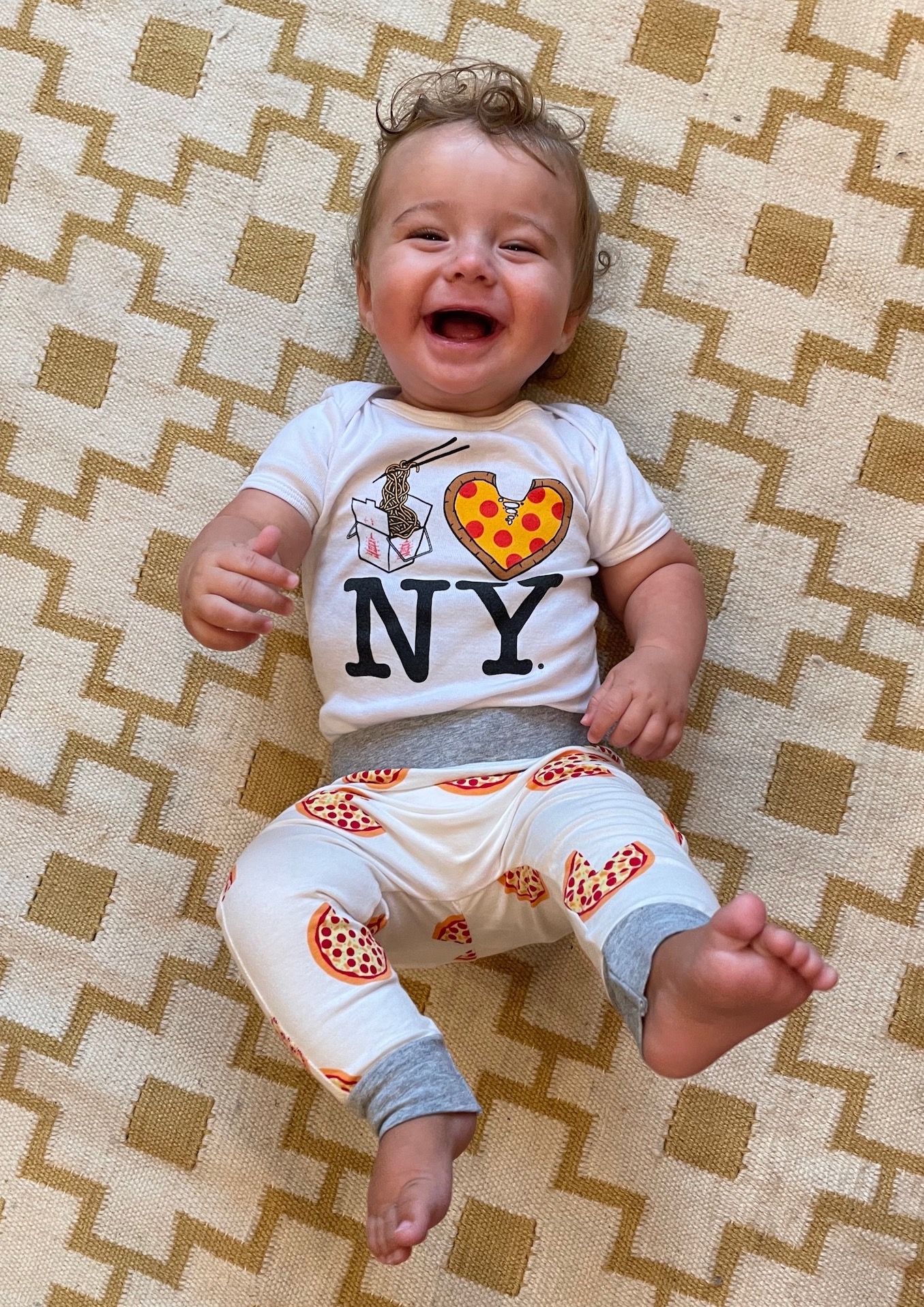 Baby wearing an I heart NY shirt from PiccoliNY with pizza pants