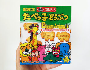 Ginbis Seaweed Flavor Animal Biscuits box being held in a hand