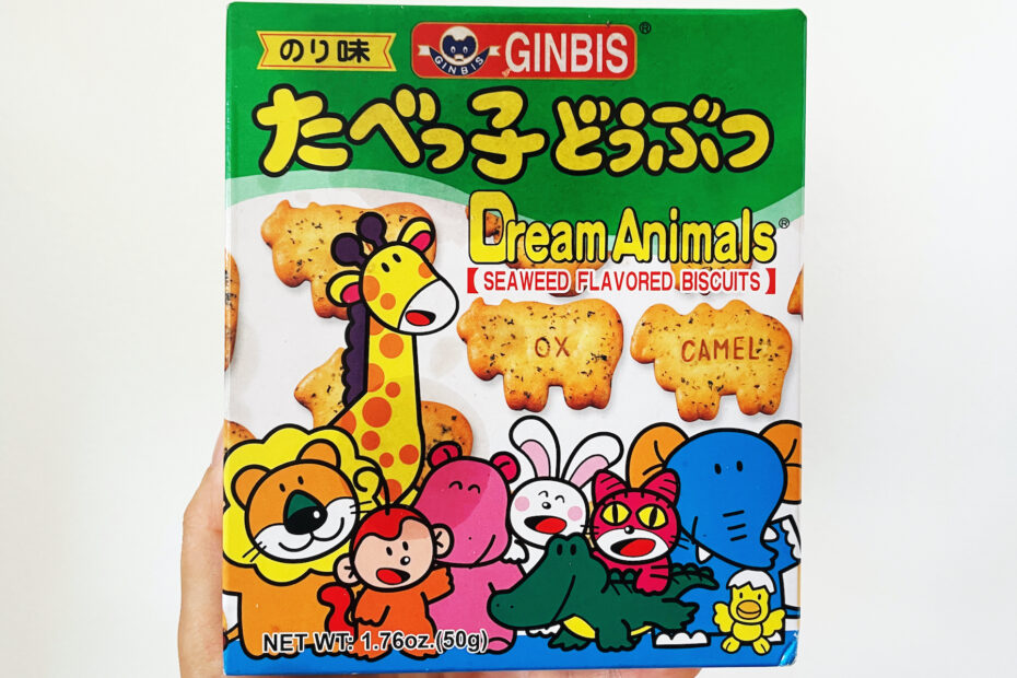 Ginbis Seaweed Flavor Animal Biscuits box being held in a hand