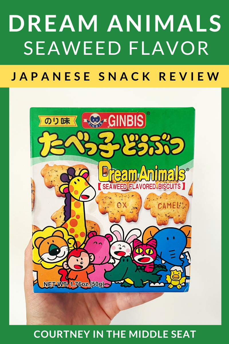 Pinterest Pin advertising Japanese snack review of Dream Animals Seaweed Flavored Animal Crackers
