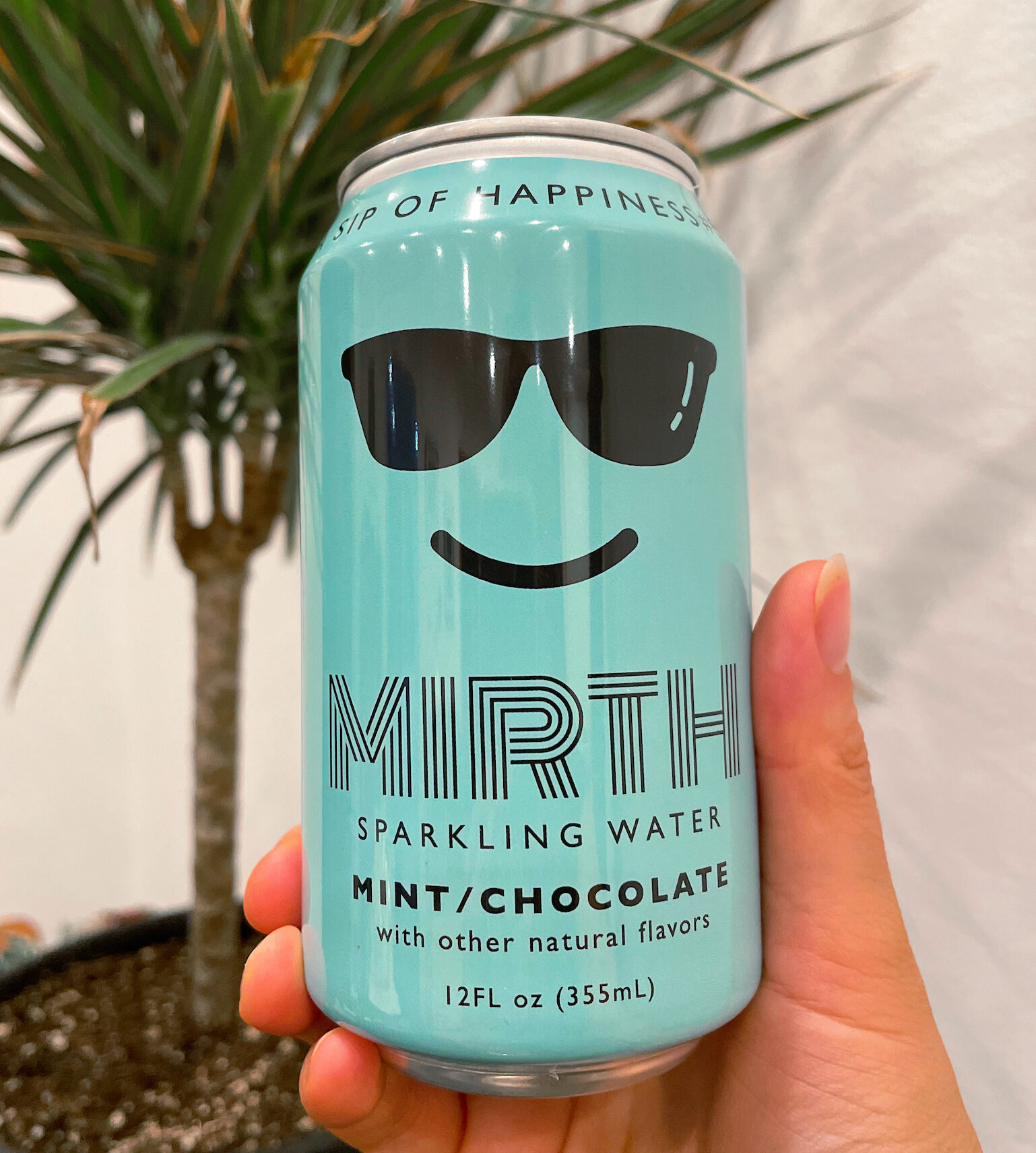 A can of Mint Chocolate Mirth Water in front of a mini palm tree.