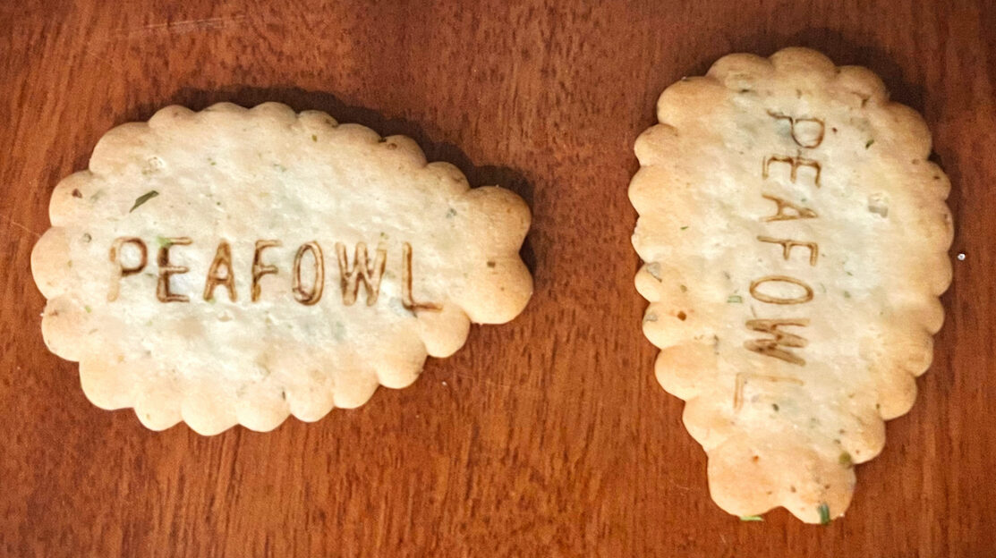 2 Japanese Ginbis Animal Biscuits in the shape of peafowl