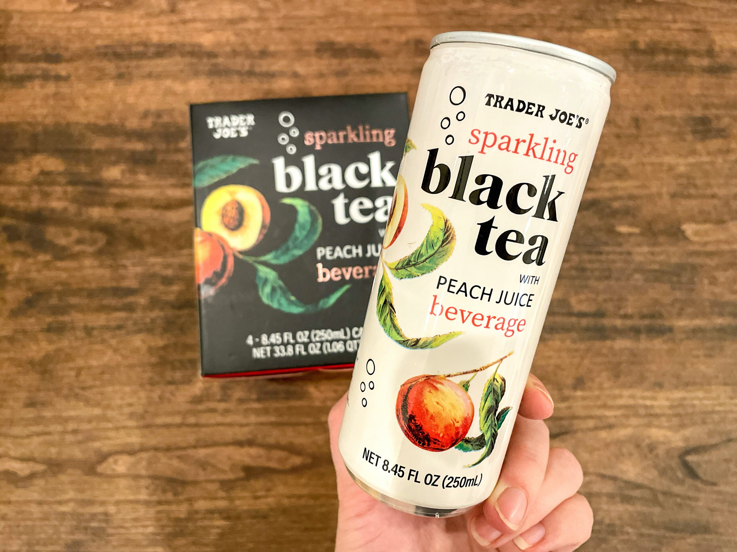 Can of Trader Joe's Sparkling Peach Black Tea