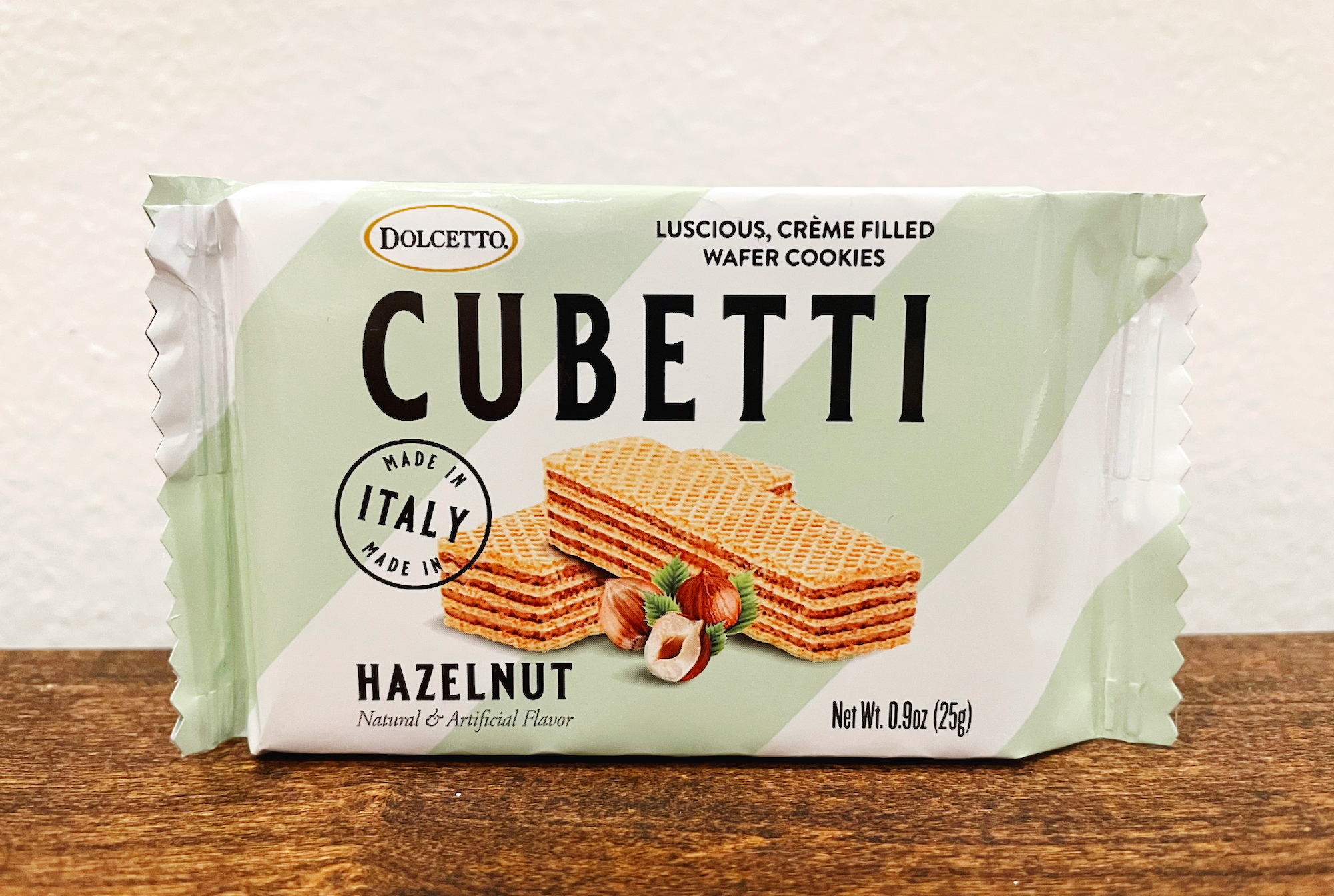 Cubetti Italian snack wafer package on a wooden surface