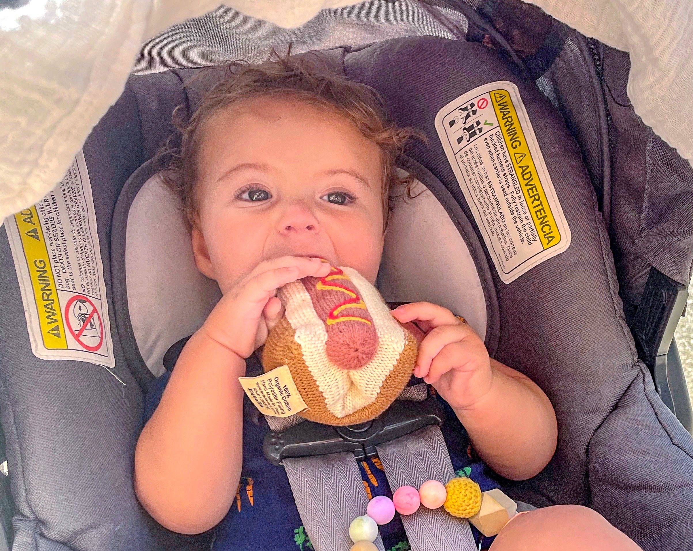 Baby Playing with an Estella Hot Dog Rattle