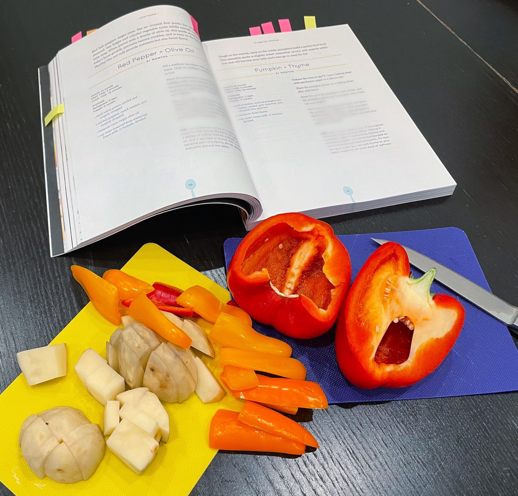 Little Foodie Cookbook Recipe for a Red Pepper Puree with red peppers and potatoes being chopped