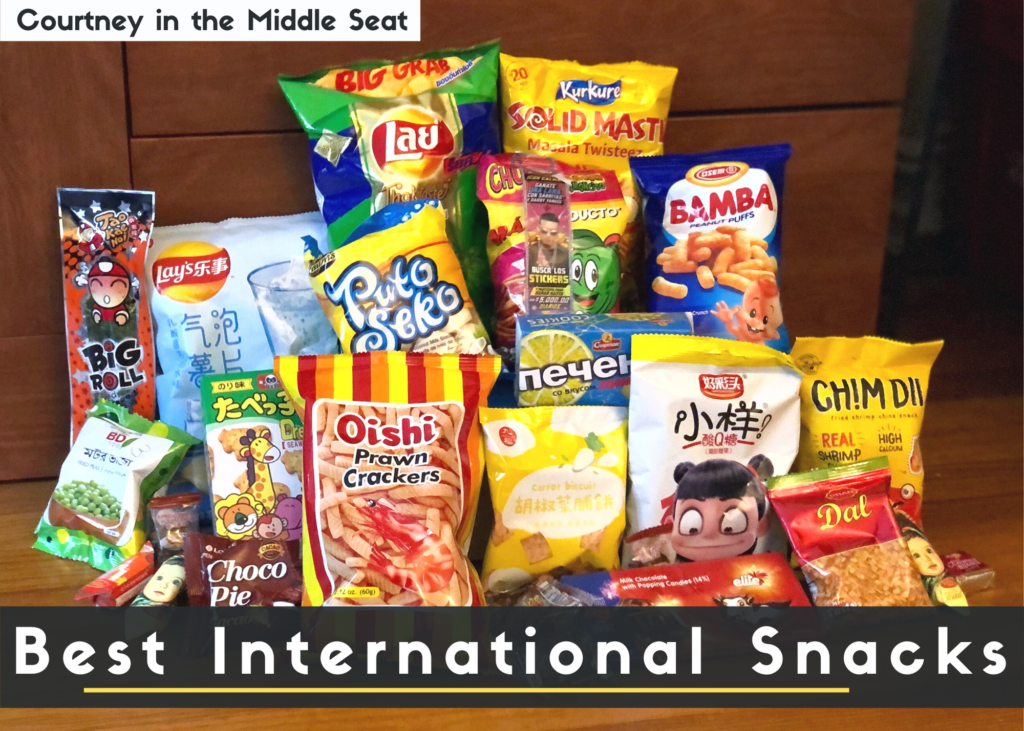 Blog Post Cover Photo for Best International Snacks with various snacks pictured behind the text