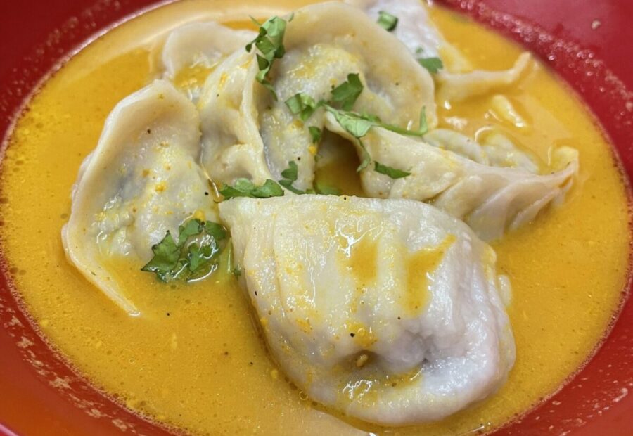 A bowl of Beef Jhol Momos from Gorkhali restaurant in Queens, NYC