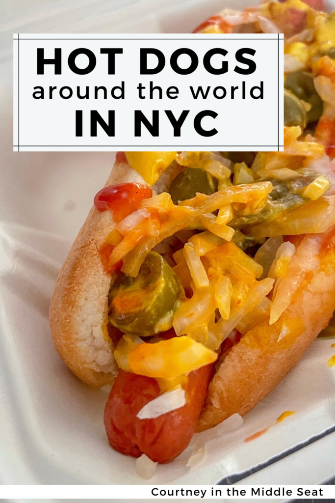Pinterest Pin for a blog post about hot dogs from around the world in NYC featuring Swedish, Korean and German hot dogs