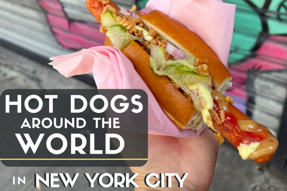 Cover photo for a blog post about Hot Dogs from Around the World in New York City featuring a Swedish Hot Dog with street art in the background