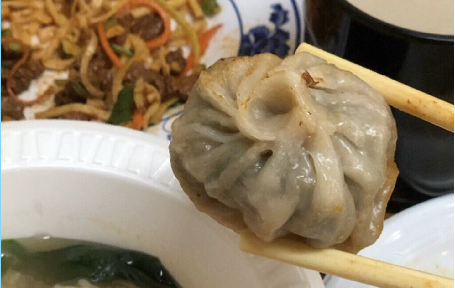 Close up of a chive momo from Lhasa Fast Food in Jackson Heights