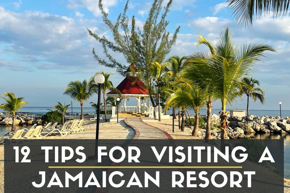 Cover photo of a beach with palm trees and a gazebo for a blog post about 12 Tips for Visiting a Jamaican Resort